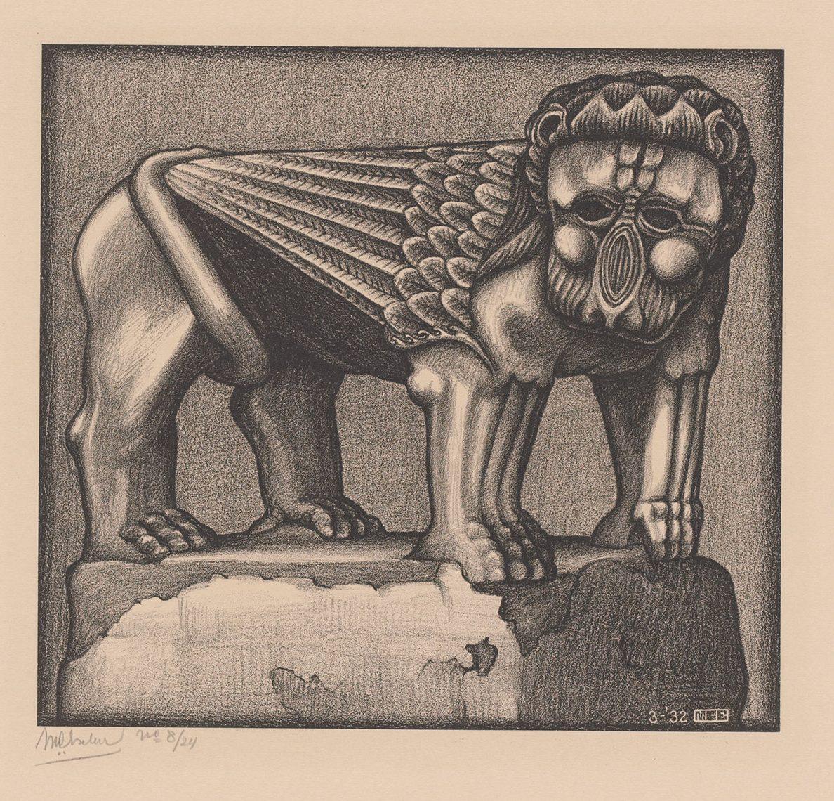 M.C. Escher, Lion of the Fountain in the Piazza at Ravello, lithograph, March 1932