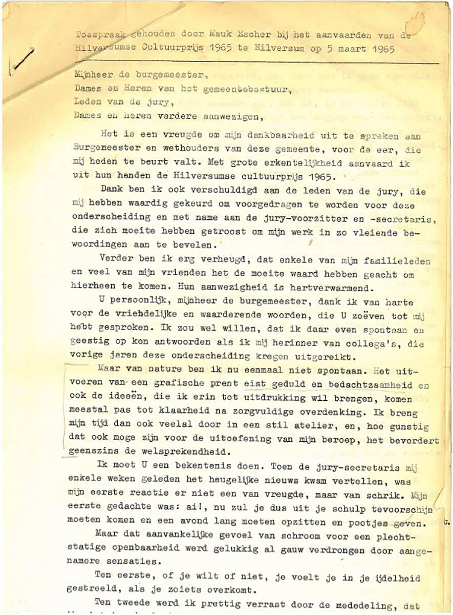 Pagina 1 van Eschers eigen uitgetypte versie van de lezing.