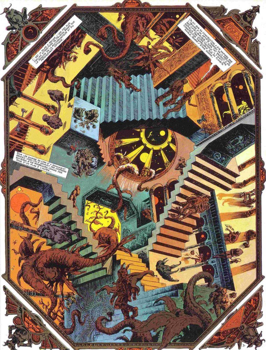 <p>Philippe Druillet en Jacques Lob, <em>Délirius </em>(1973).<br><br>Het personage rechtsbovenin zegt: <br><em>On dit que la construction a été inspirée par l'oeuvre d'un artiste terrien de le periode pré-cataclysmique. J'aime cet endroit. Il me rappelle des jours heureux... Il y avait une construction semblable sur ma planéte natale, quand j'etais gosse.</em><br>In de vertaling betekent dat:<br><em>Men zegt dat het bouwwerk geïnspireerd is door het werk van een aardse kunstenaar uit de periode vóór de catastrofe. Ik hou van deze plek. Het doet me denken aan gelukkige dagen... Er stond een soortgelijk bouwwerk op mijn geboorteplaneet, toen ik nog een kind was.</em></p>