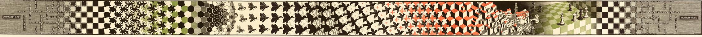 M.C. Escher, Metamorphosis II, woodcut in black, green and brown, printed from twenty blocks, on three combined sheets, November 1939 - March 1940