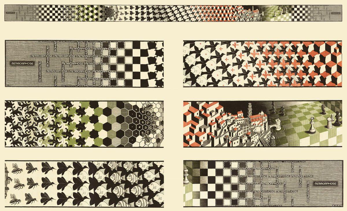M.C. Escher, Metamorphose II, houtsnede in zwart, groen en bruin, gedrukt van twintig blokken op drie aan elkaar gemonteerde vellen, nov 1939 - maa 1940