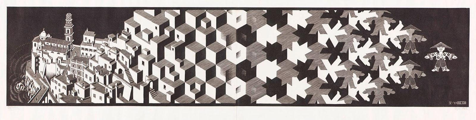 M.C. Escher, Metamorphosis I, woodcut, printed on two sheets, May 1937
