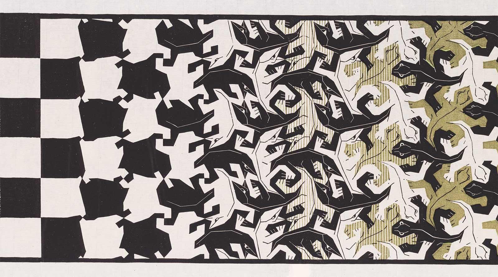 M.C. Escher, Metamorphose II, houtsnede in zwart, groen en bruin, gedrukt van twintig blokken op drie aan elkaar gemonteerde vellen, nov 1939 - maa 1940 (detail)