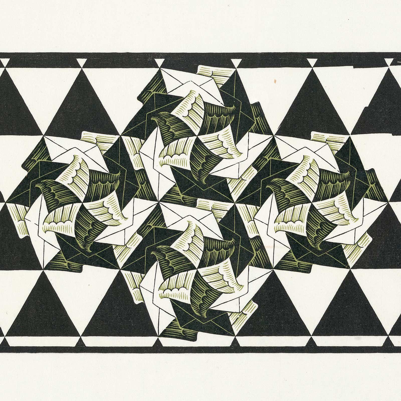 M.C. Escher, Metamorphosis III, woodcut, 1967-1968. Detail with envelopes