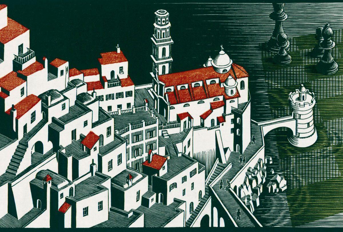 M.C. Escher, Metamorphose III, (detail Atrani) houtsnede, 1939-1940 / 1967-1968