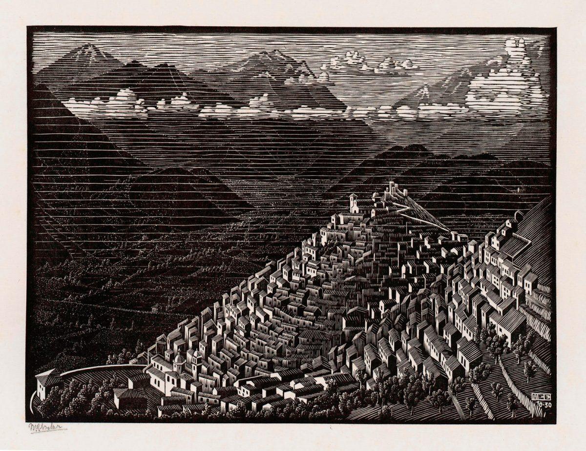 M.C. Escher, Morano, Calabria, woodcut, 1930