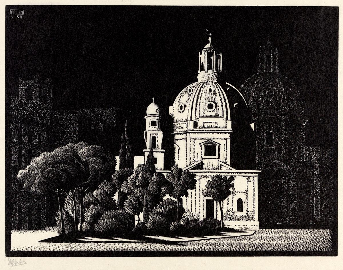 M.C. Escher, Nachtelijk Rome: Kerkjes, Piazza Venezia, houtgravure, maart 1934