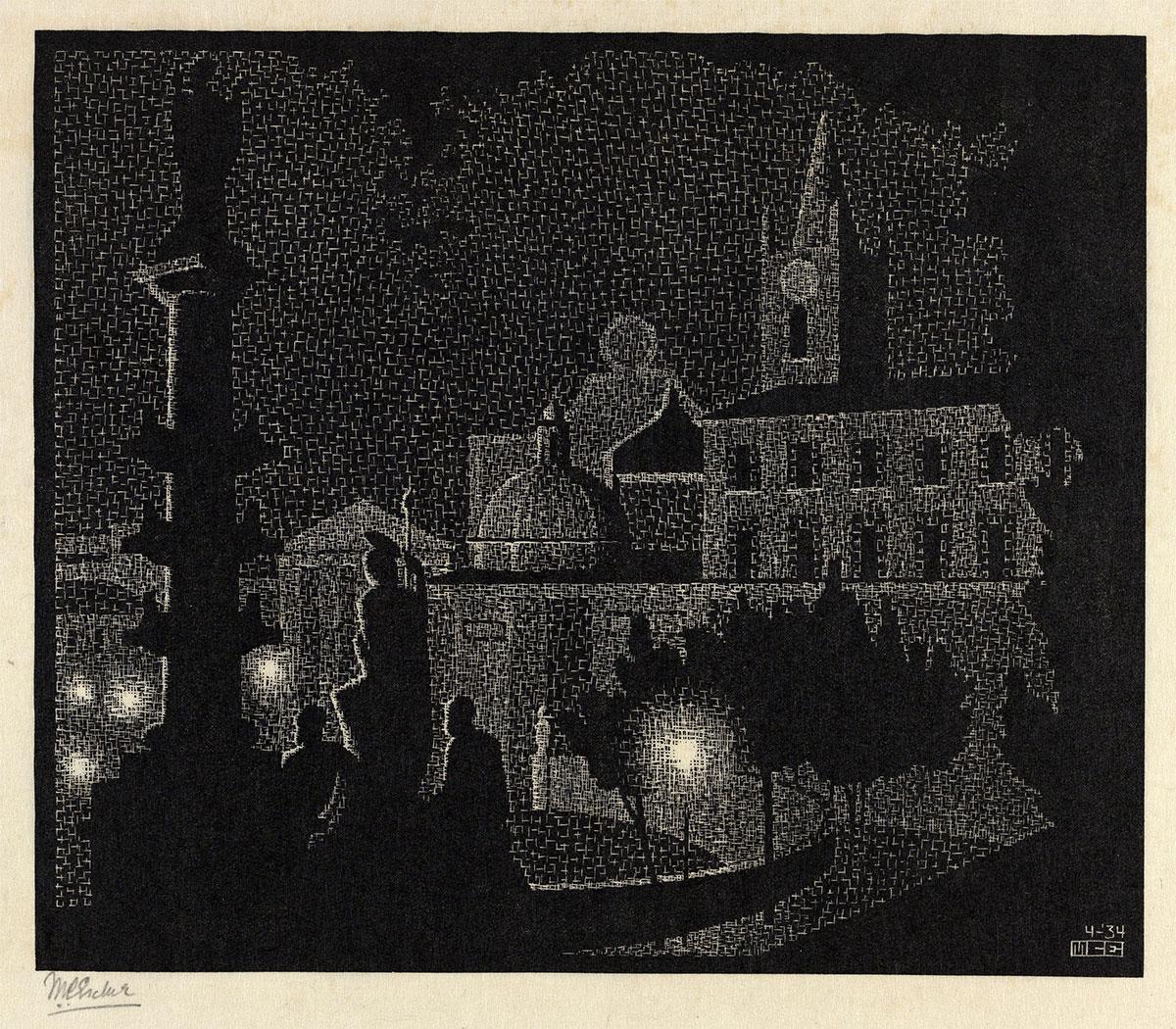 Nocturnal Rome: Santa Maria del Popolo (Piazza del Popolo), woodcut, April 1934