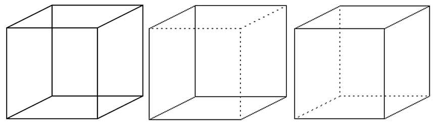 A Necker-cube (left) with its two possible interpretations