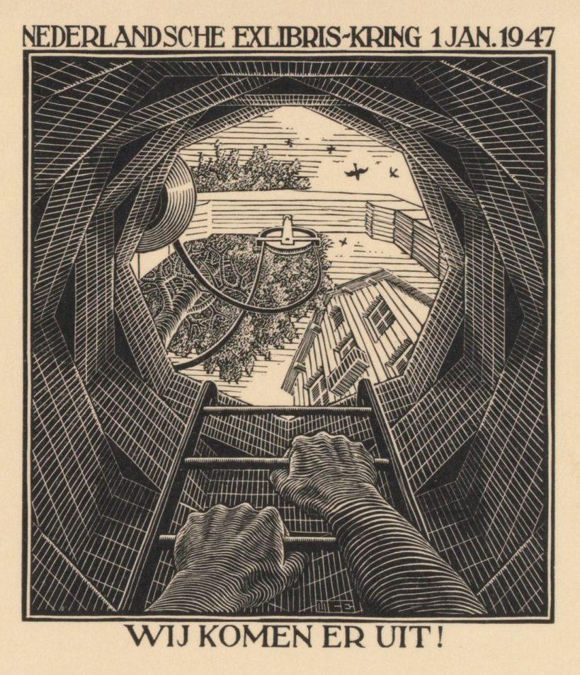 M.C. Escher, New Year's greeting-card 1947, Nederlandsche ExLibris-Kring, The Hague, woodcut, November 1946