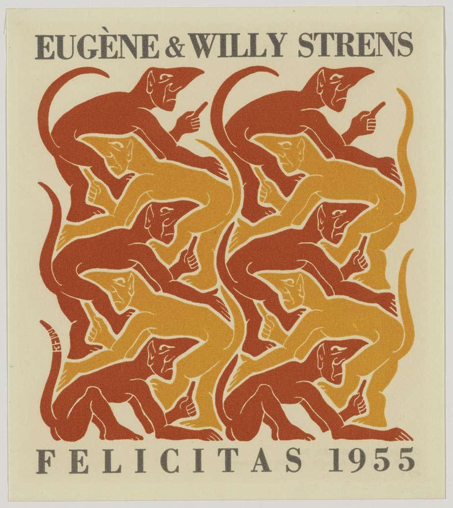 M.C. Escher, Vuur (nieuwjaarswens 1955), houtsnede in geel en oranje, gedrukt van twee blokken, met boekdruk in grijs, oktober 1952