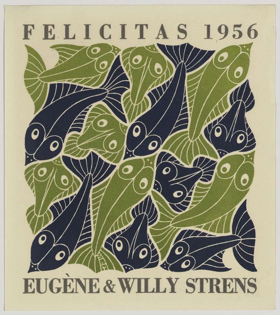 M.C. Escher, Water (nieuwjaarswens 1956), houtsnede in groen en blauw, gedrukt van twee blokken, met boekdruk in grijs, oktober 1952