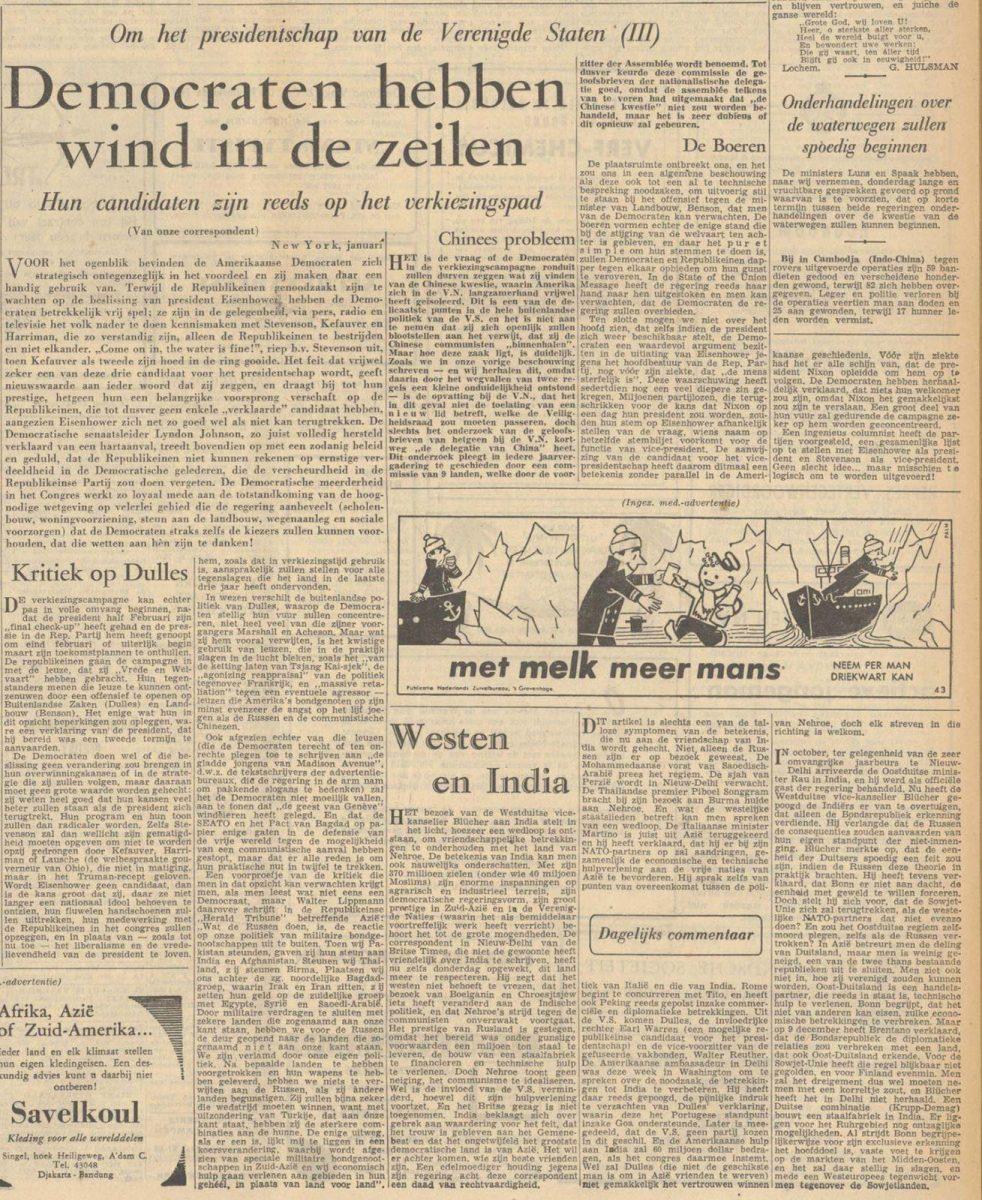 President Eisenhower had in september 1955 een hartaanval gehad en het was lang onduidelijk of hij een 2e termijn ambieerde. De Democraten roken dan ook kansen. Nieuwsblad van het Noorden, 14 januari 1956