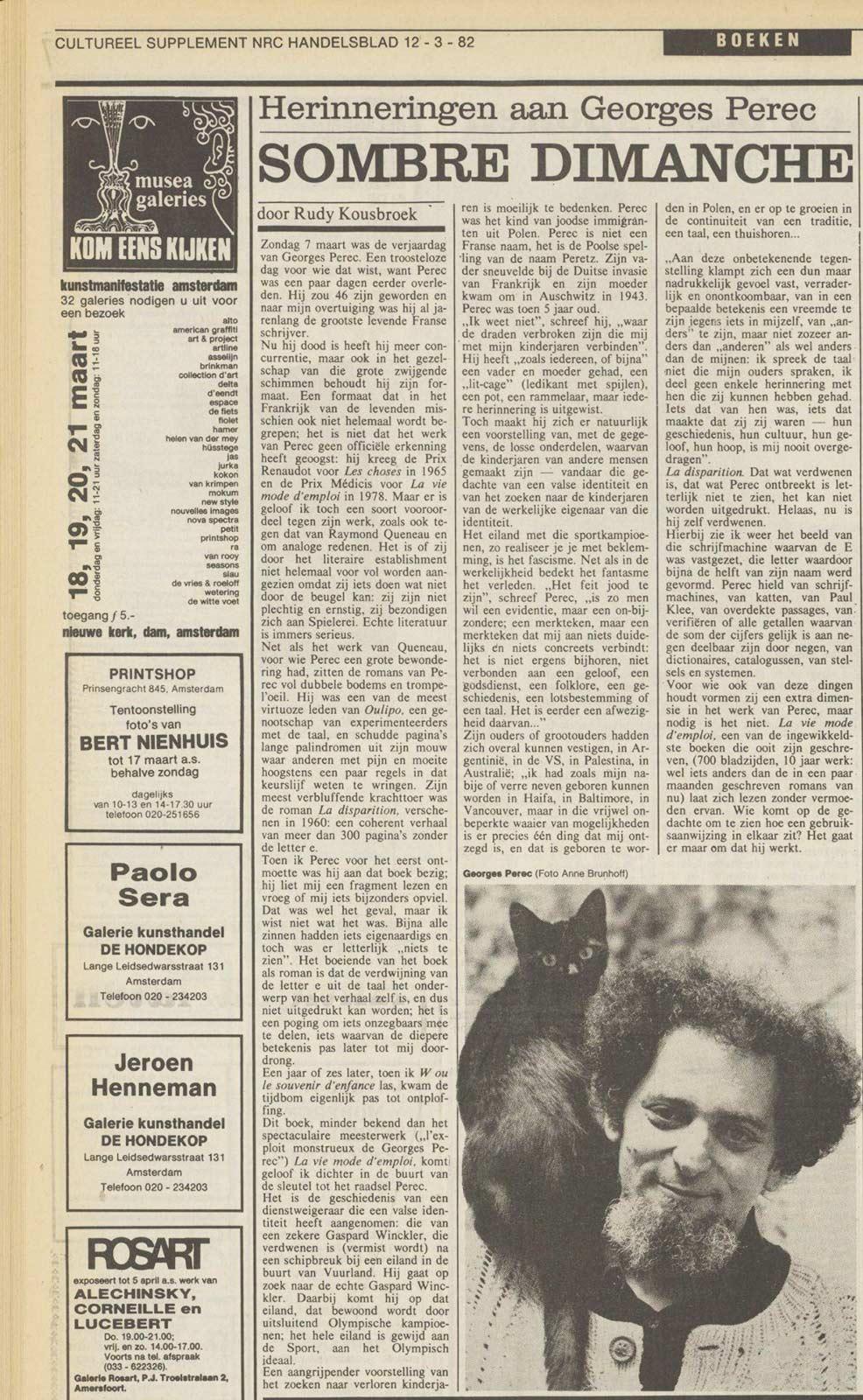 NRC, 12 maart 1982. Rudy Kousbroek haalt herinneringen op aan de kort daarvoor overleden Georges Perec.