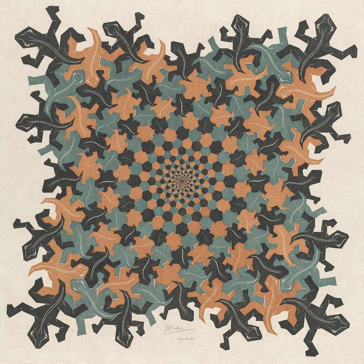 M.C. Escher, Development II, woodcut in brown, grey-green and black, printed from three blocks, February 1939
