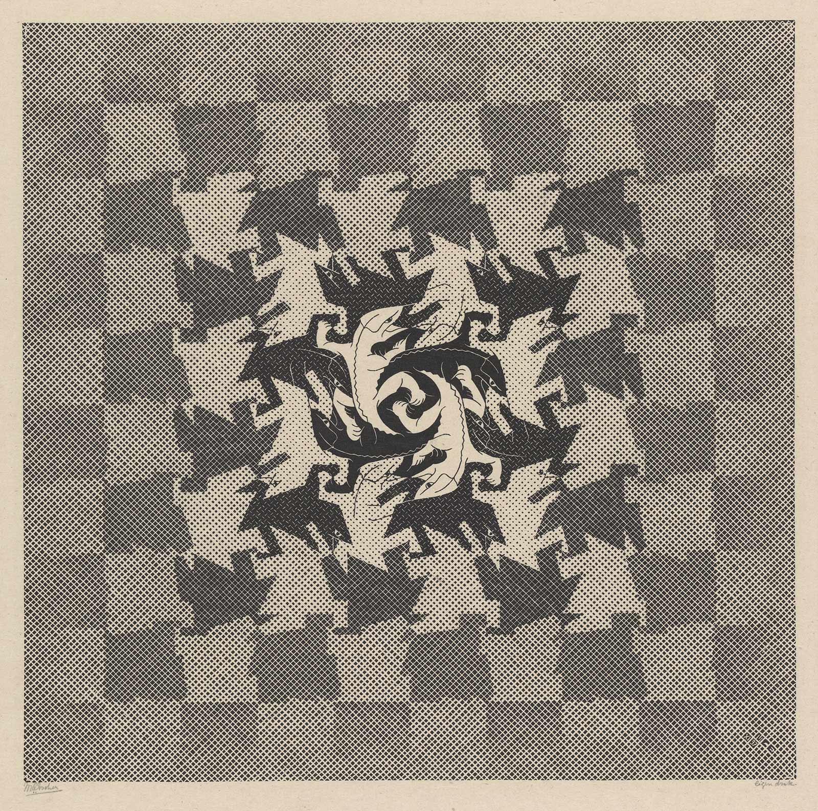 <p>M.C. Escher, <em>Ontwikkeling I</em>, houtsnede, november 1937</p>