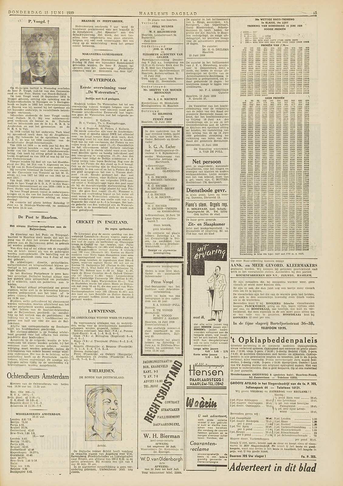 Het overlijdensbericht van G.A. Escher in het Haarlems Dagblad