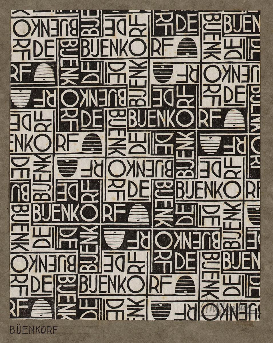 M.C. Escher, ontwerp voor pakpapier: de Bijenkorf, houtsnede, september 1933