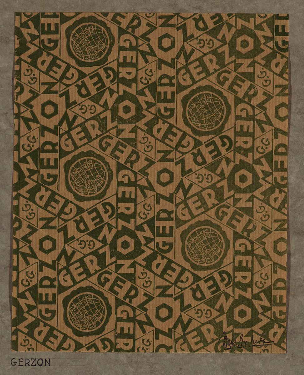 M.C. Escher, ontwerp voor pakpapier: Gerzon, houtsnede in groen, 1933