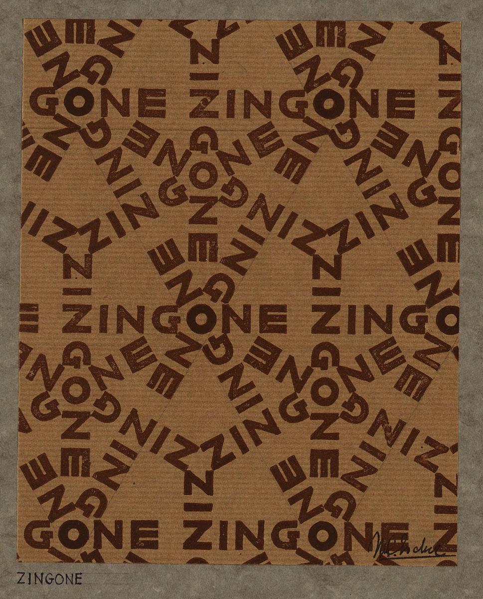 M.C. Escher, ontwerp voor pakpapier: Zingone, houtsnede in bruin, 1933