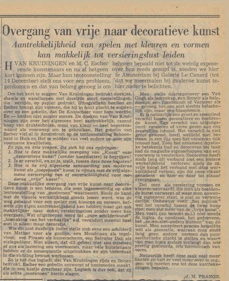 Het verslag in het Parool van 25 november 1950 waarin vooral kritisch gekeken wordt naar de 'decoratieve kunst' van de twee exposanten.