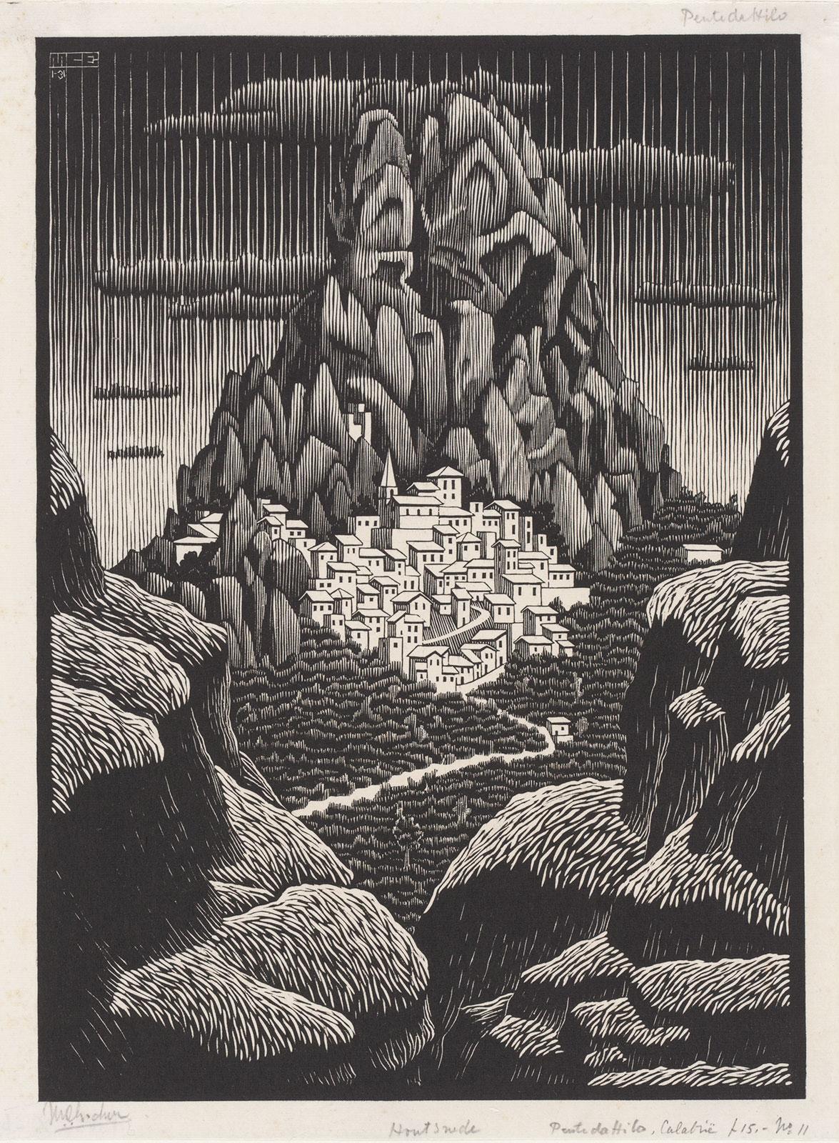 M.C. Escher, Pentedatillo (Panorama), Calabria, woodcut, January 1931