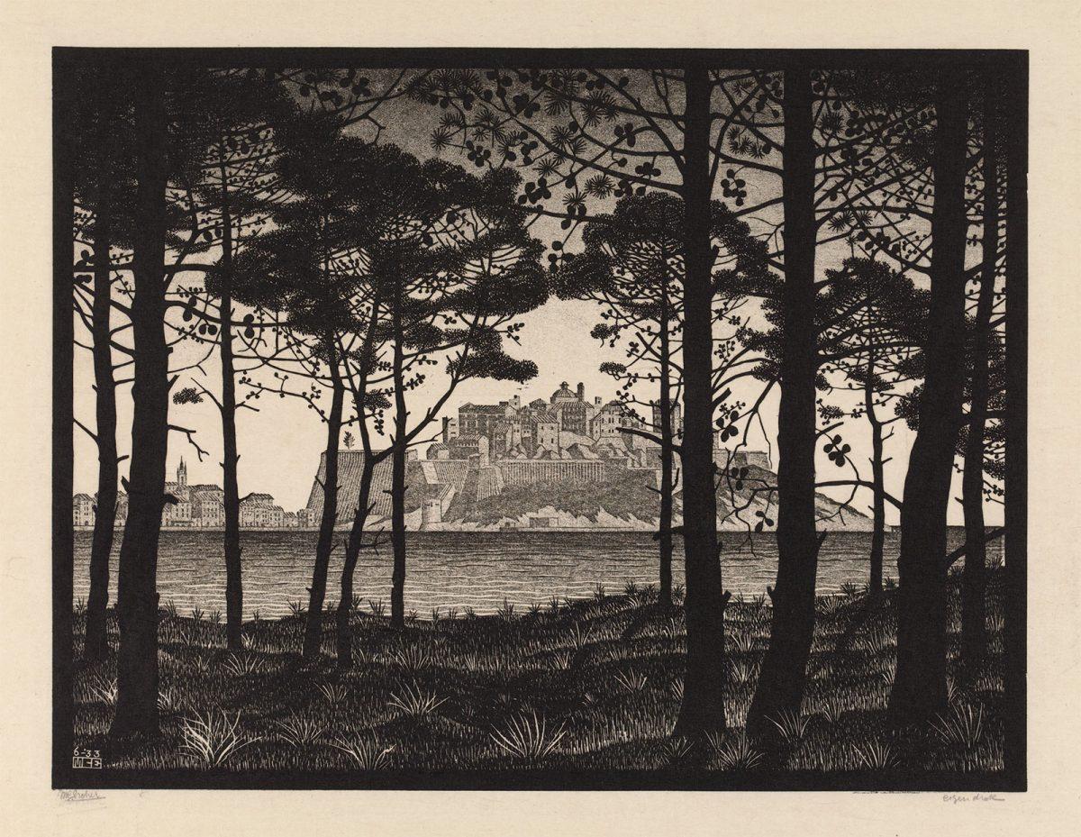 M.C. Escher, Pineta of Calvi, Corsica, woodcut in light grey, dark grey and black, printed from three blocks, June 1933