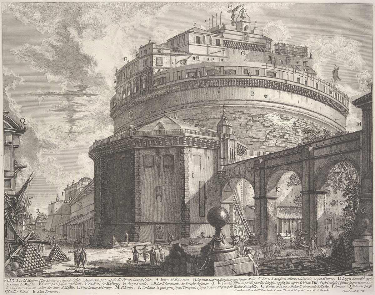 Giovanni Battista Piranesi, gezicht op het mausoleum van keizer Hadrianus (nu Castel S. Angelo genoemd), ets, ca. 1756
