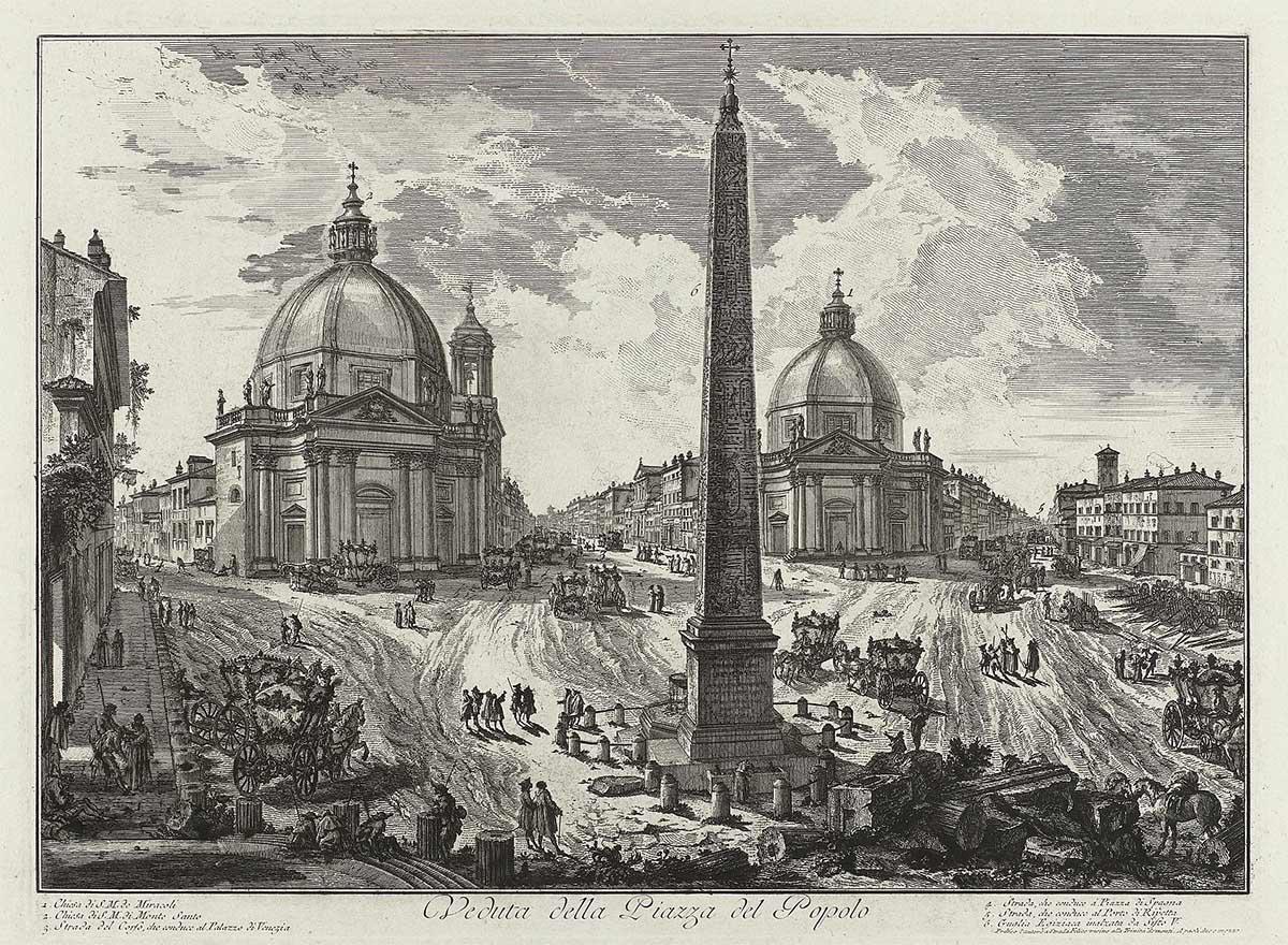 Giovanni Battista Piranesi, Piazza del Popolo met de tweelingkerken de Santa Maria in Montesanto en de Santa Maria dei Miracoli in Rome. Op het plein de obelisk van Ramses II uit Heliopolis, ets, ca. 1748-1778, via Wikimedia Commons