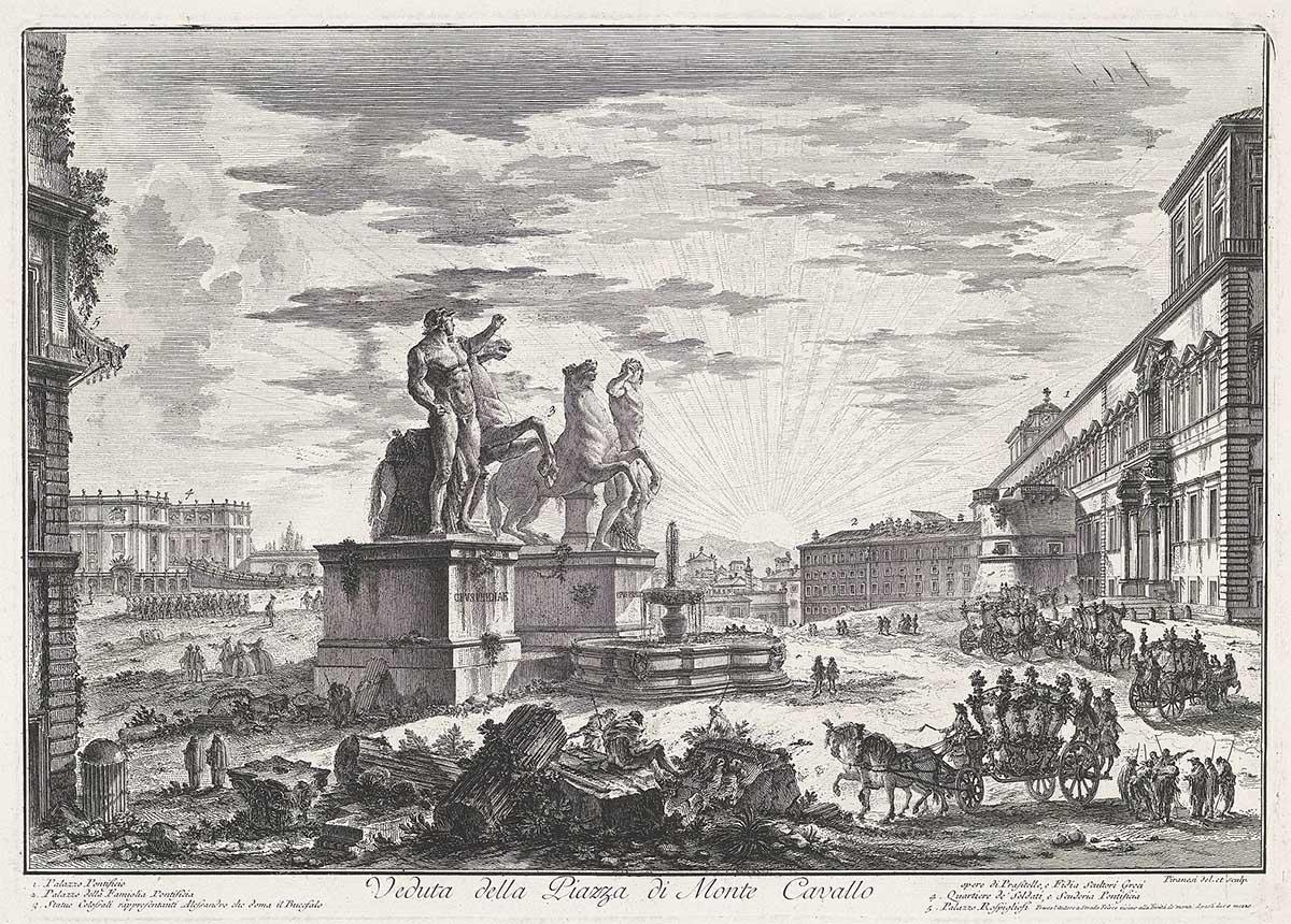 Giovanni Battista Piranesi, Piazza del Quirinale op de Quirinaalheuvel te Rome met het Palazzo del Quirinale en de Fontana di Monte Cavallo (fontein met Castor en Pollux), ets, ca. 1748-1778, via Wikimedia Commons