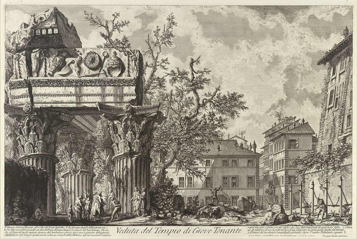 Giovanni Battista Piranesi, de tempel van Jove, ets, ca. 1750-1758, via Wikimedia Commons