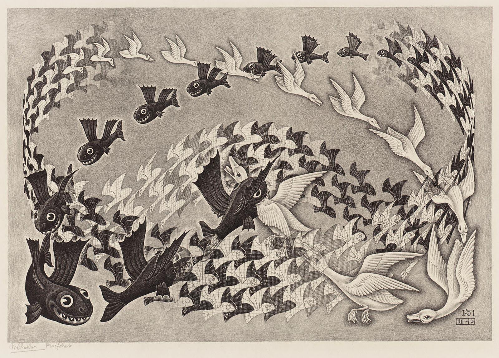 <p>M.C. Escher, <em>Predestination (Topsy-Turvy World),</em> lithograph, January 1951</p>