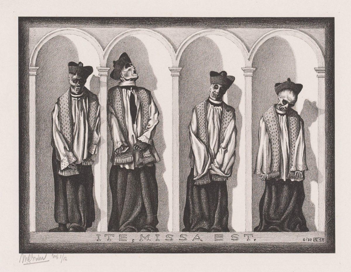 M.C. Escher, Gemummificeerde priesters in Gangi, Sicilië, litho, juni 1932