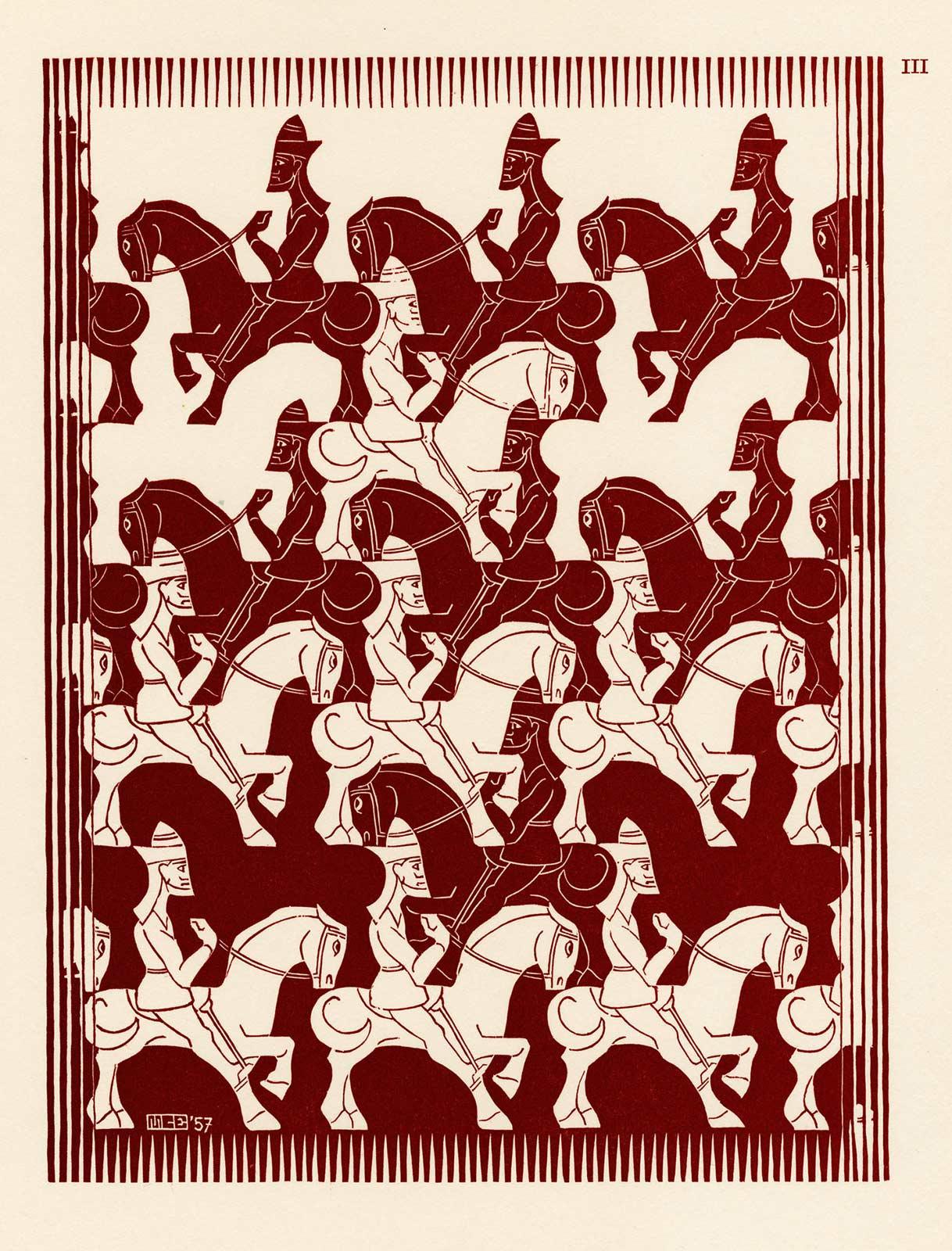 M.C. Escher, Regelmatige vlakverdeling III, houtsnede in rood, mei 1957