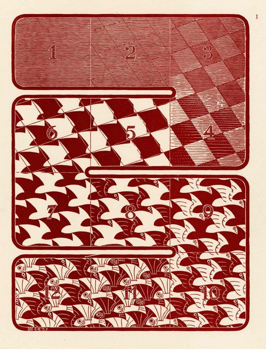 M.C. Escher, Regelmatige vlakverdeling I, houtsnede in rood, mei 1957