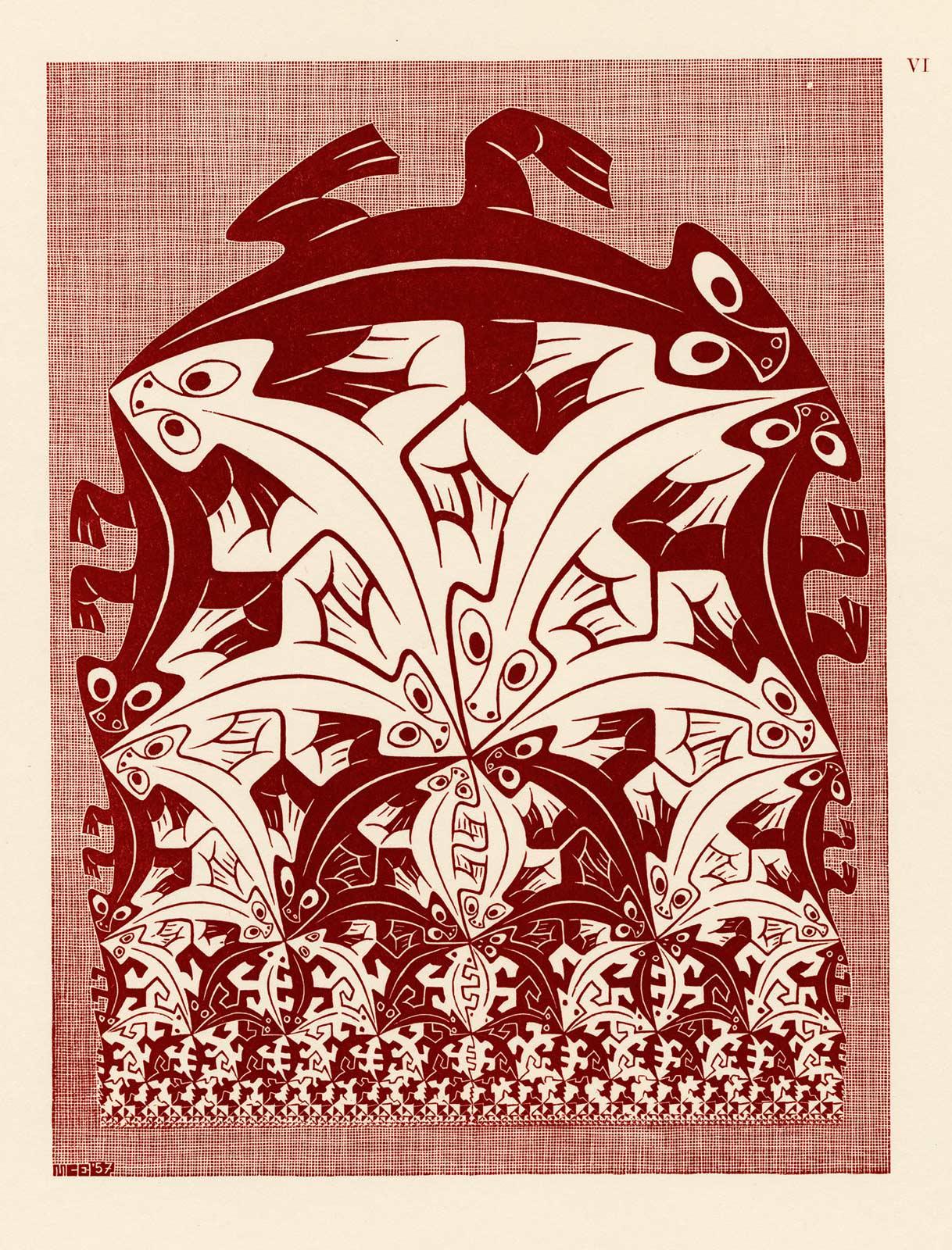 M.C. Escher, Regelmatige vlakverdeling VI, houtsnede in rood, mei 1957