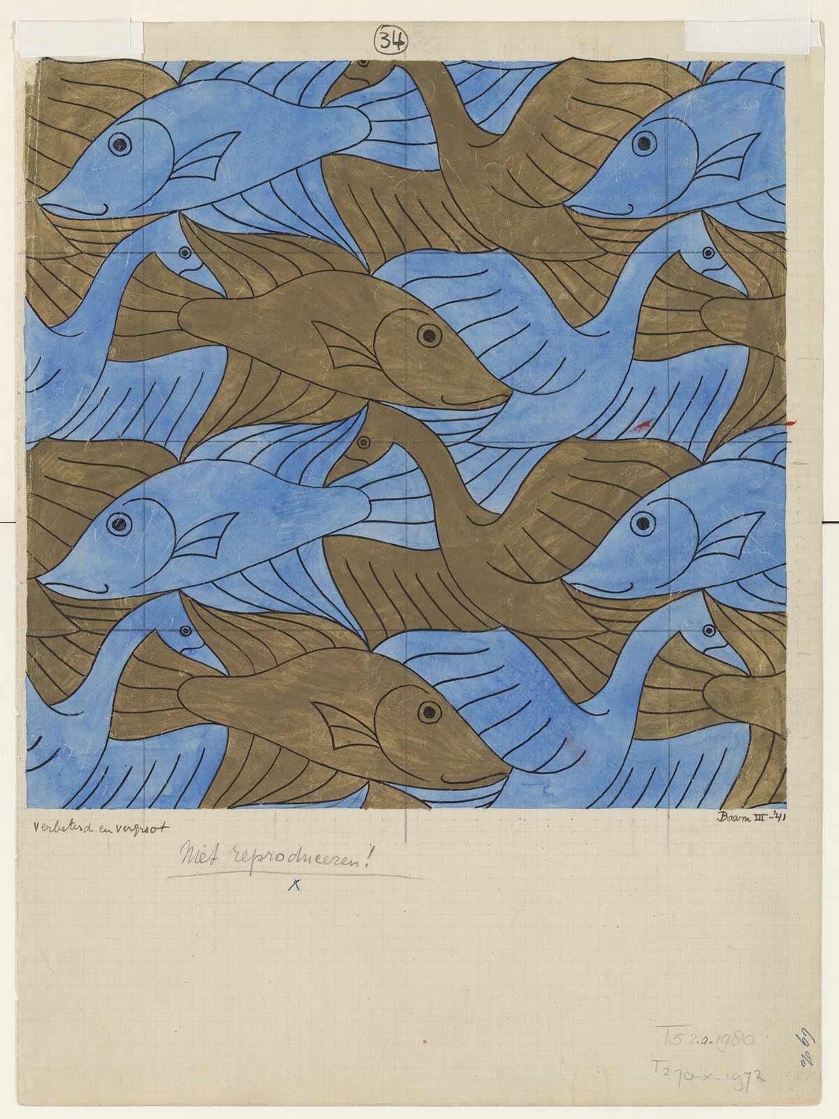 M.C. Escher, Regelmatige vlakverdeling met vissen en vogels, nr. 34, Oostindische inkt, potlood, goudverf en waterverf op papier, maart 1941.