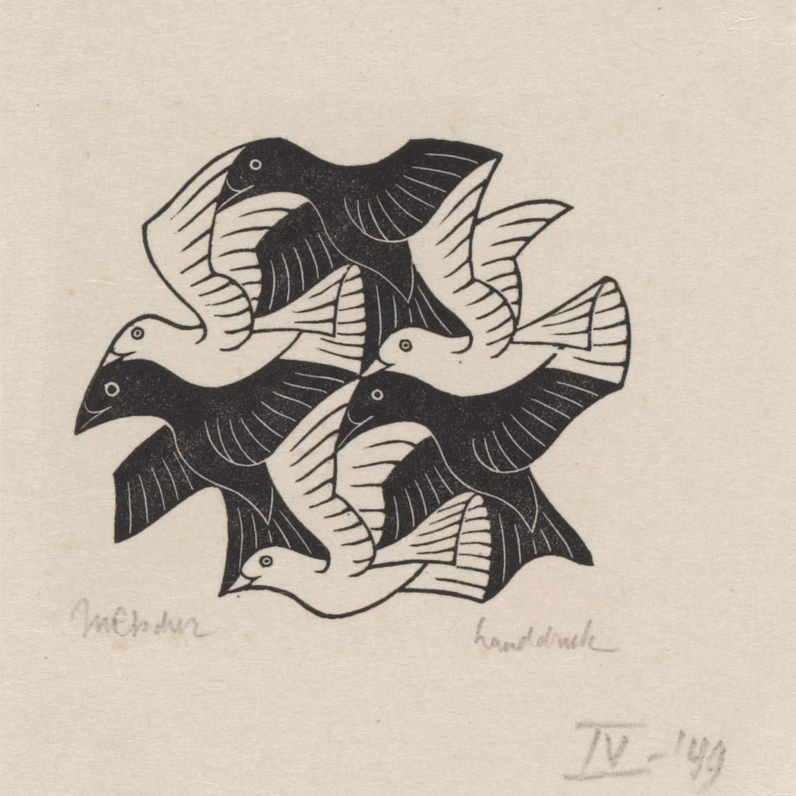 M.C. Escher, Vlakvullingsmotief met vogels, houtgravure, april 1949