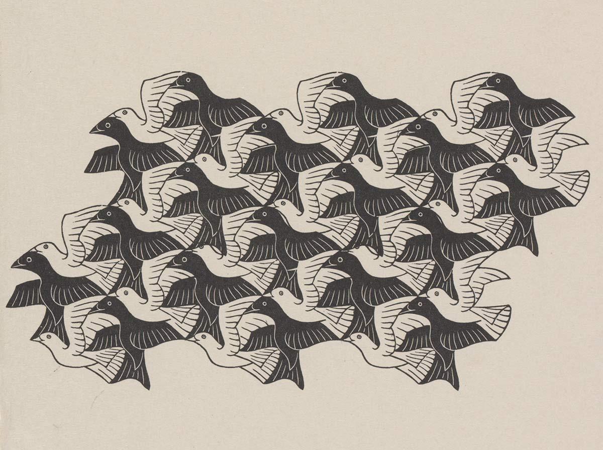 M.C. Escher, Regelmatige vlakverdeling met vogels, houtgravure, april 1949