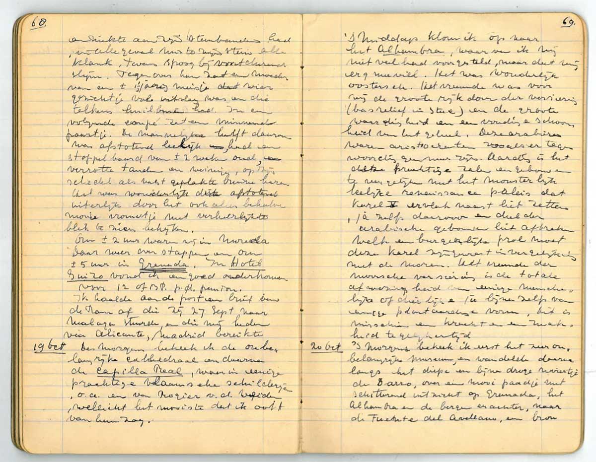 Eschers travel journal of 1922, pages 68 and 69, with his visit to the Alhambra on 19 and 20 October