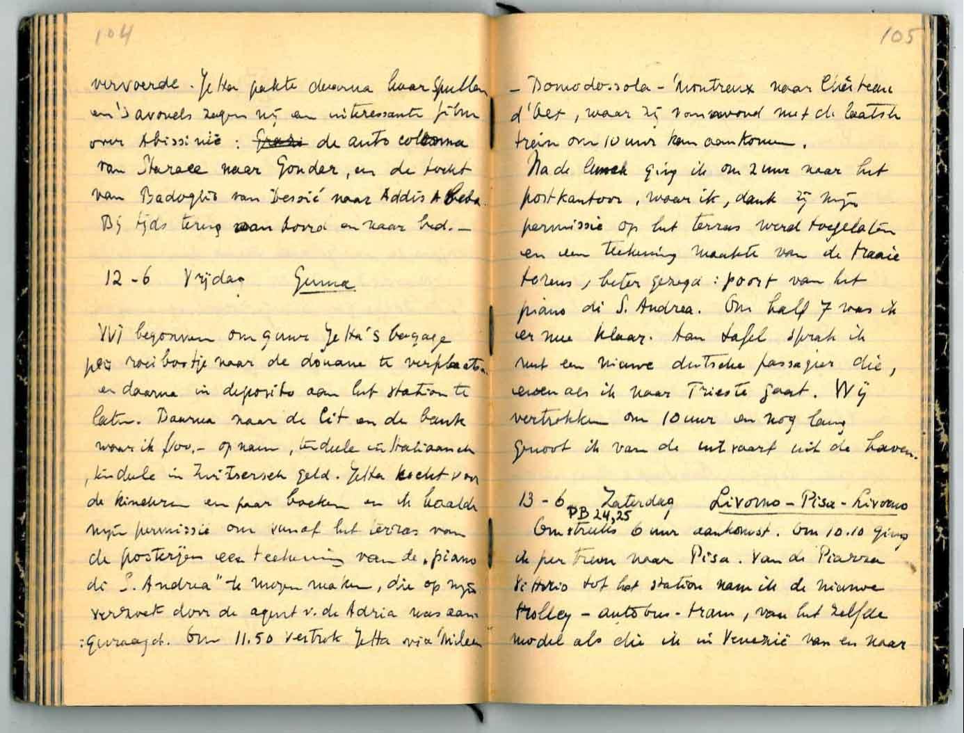 Escher's travel journal of 1936, pages 104 and 105