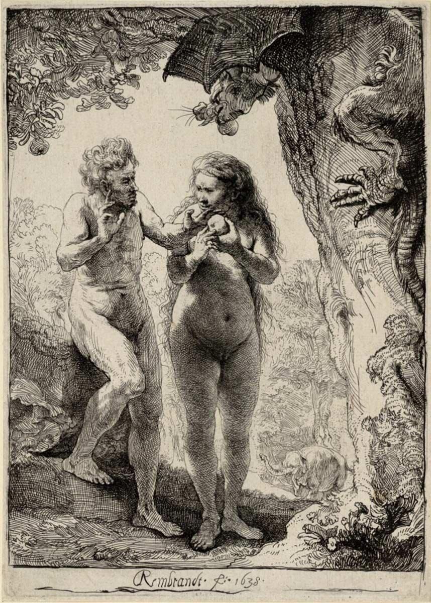 Rembrandt Harmensz. van Rijn, Adam and Eve, etching, 1638. Collection Rijksmuseum, Amsterdam