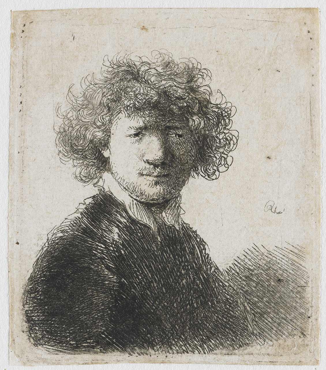Rembrandt Harmensz. van Rijn, Self-portrait with curly hair and white collar, etching, c. 1630. Collection Rijksmuseum, Amsterdam