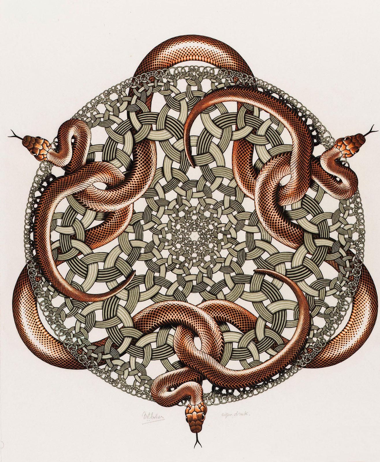 <p>M.C. Escher, Ringslangen, houtsnede in groen, oranje en zwart, gedrukt van drie blokken, juli 1969</p>