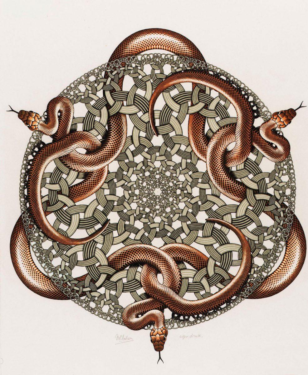 M.C. Escher, Serpenti, xilografia in arancione, verde e nero, stampata da tre blocchi, luglio 1969