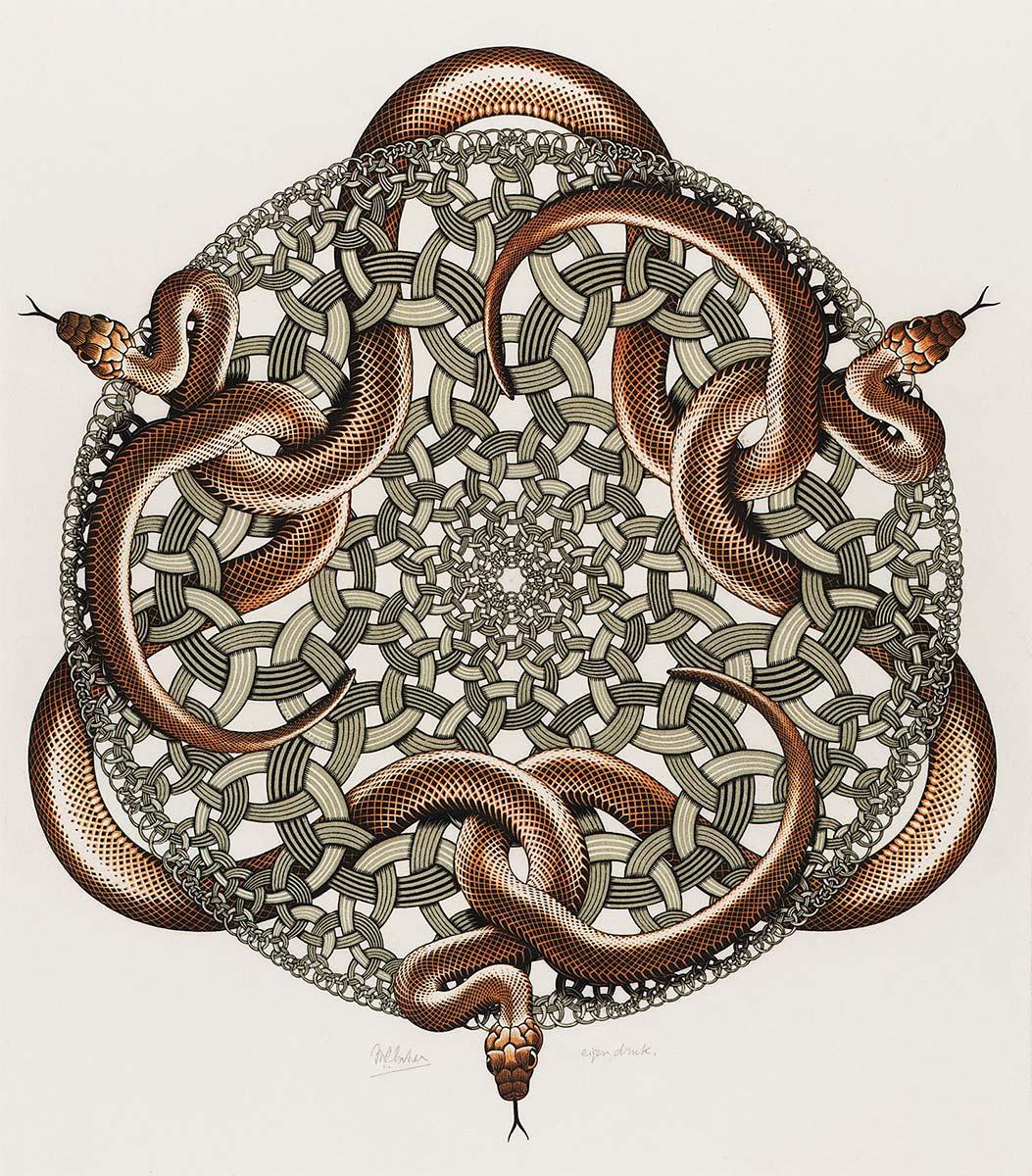 M.C. Escher, Ringslangen, houtsnede in oranje, groen en zwart, gedrukt van drie blokken, juli 1969