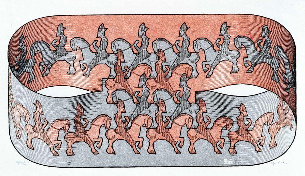 M.C. Escher, Horseman, woodcut in red, black and grey, printed from three blocks, July 1946