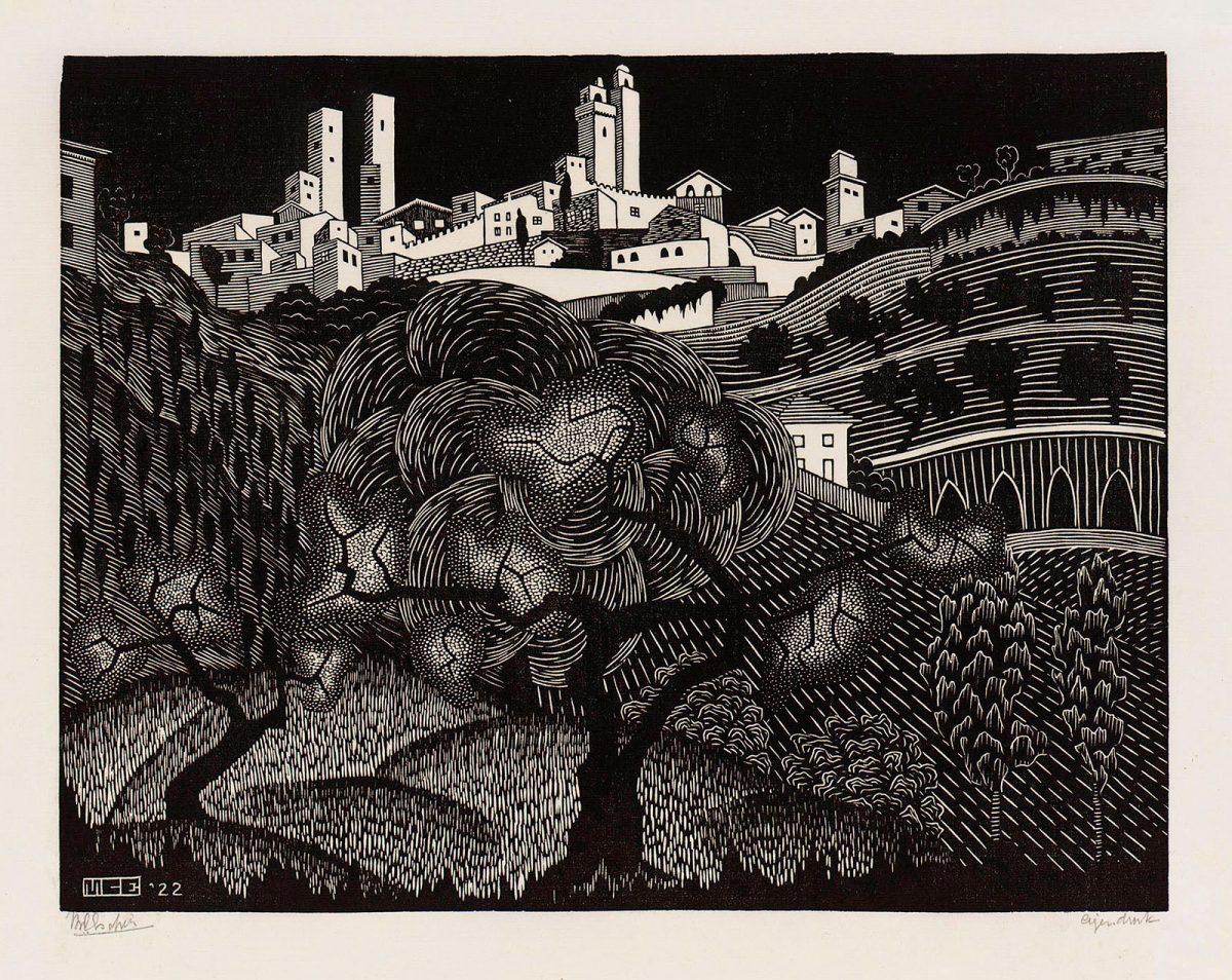 M.C. Escher, San Gimignano, houtsnede, juli 1922