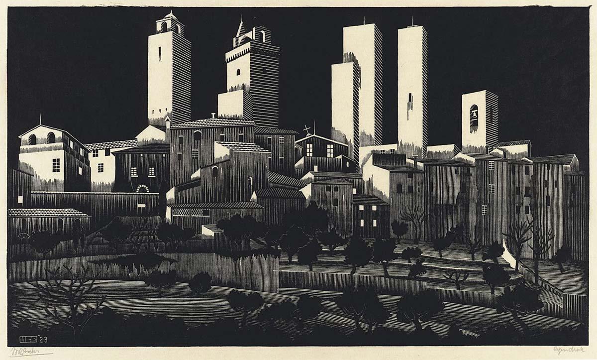 M.C. Escher, San Gimignano, woodcut, January or February 1923