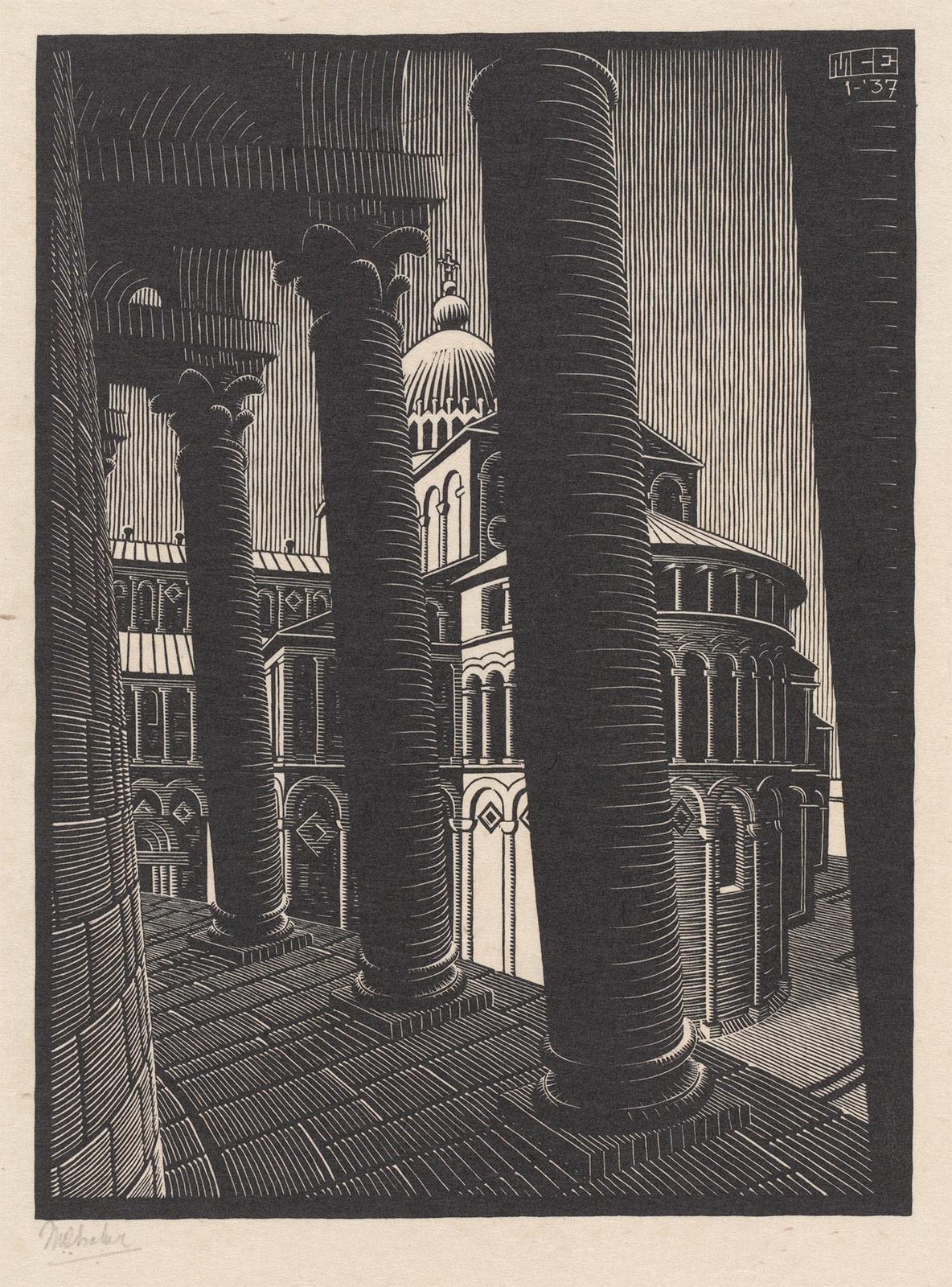M.C. Escher, Leaning Tower, Pisa, woodcut, January 1937